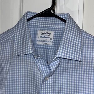 French Cuff T. M Lewin Blue Gingham Check business dress shirt 17 x 34 1/2 Slim